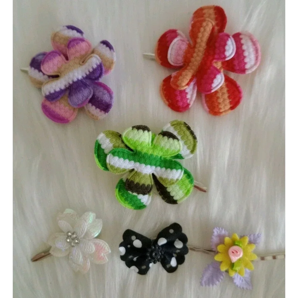 Girl's Lot Of 6 Handmade Assorted Flower Hair Clips Girl's Accessories Colorful